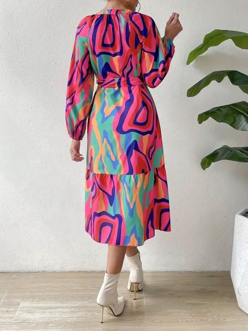 Abstract Print Crew Neck Dress, Elegant Long Sleeve Belted Dress For Spring & Fall, Women's Clothing