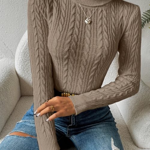 Solid Turtle Neck Cable Knit Sweater, Casual Long Sleeve Slim Sweater, Women's Clothing