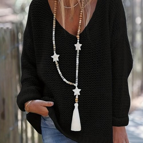 Solid V Neck Knitted Pullover Sweater, Casual Long Sleeve Sweater For Spring & Fall, Women's Clothing