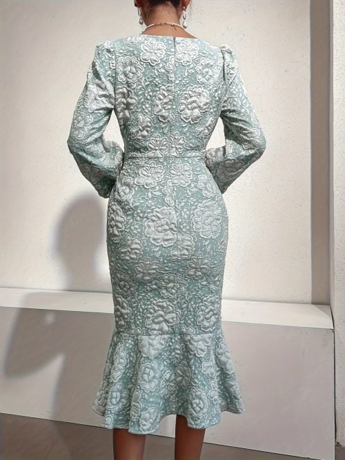 Allover Floral Print Mermaid Dress, Elegant Long Sleeve Bodycon Dress For Spring & Fall, Women's Clothing