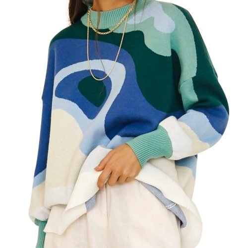 10d2706bb2146aa5477d31f1911a3da4-1 Plus Size Casual Sweater, Women's Plus Abstract Print Long Sleeve Mock Neck Medium Stretch Pullover Jumper