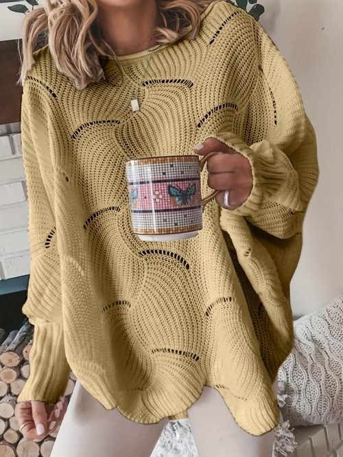 12af92a84a72a3b7589289eddda2afd8 Solid Cutout Irregular Hem Knit Sweater, Casual Crew Neck Long Sleeve Pullover Sweater, Women's Clothing
