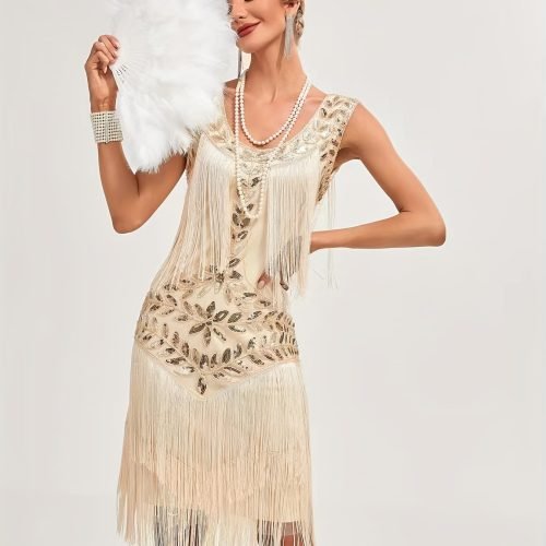 Sequin Fringe Decor Tank Dress, Vintage Sleeveless Flapper Tank Dress For Party & Banquet, Women's Clothing