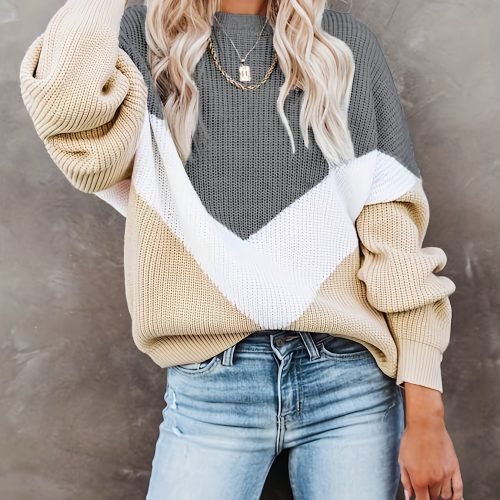 1adb2cbe76d58ebad228a1ff672b5ae7 Color Block Crew Neck Pullover Sweater, Casual Long Sleeve Sweater For Fall & Winter, Women's Clothing