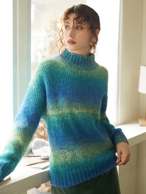 Color Block Drop Shoulder Sweater, Casual Turtle Neck Long Sleeve Sweater For Fall & Winter, Women's Clothing