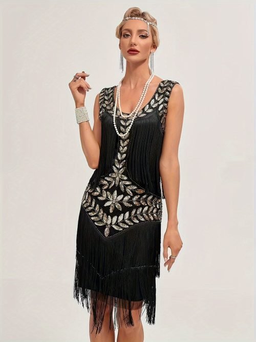 Sequin Fringe Decor Tank Dress, Vintage Sleeveless Flapper Tank Dress For Party & Banquet, Women's Clothing