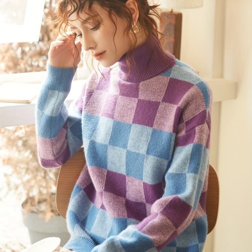 Geo Pattern Turtleneck Knitted Pullover Sweater, Casual Long Sleeve Top For Fall & Winter, Women's Clothing