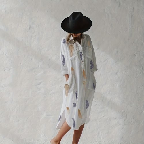 Feather Print Button Front Shirt Dress, Casual Long Sleeve Lapel Pocket Dress For Spring & Fall, Women's Clothing