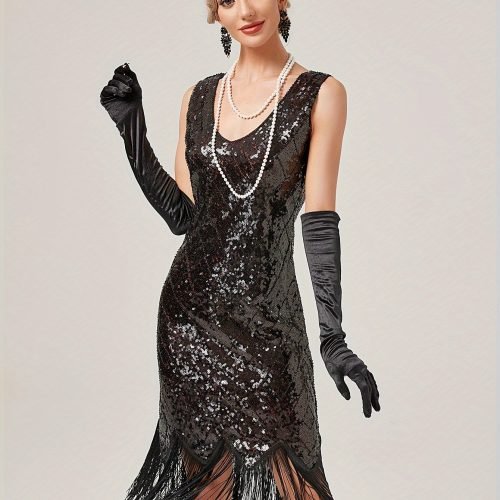 3336f475-b90c-4341-a6e1-ce3c07ef5418-1 Sequined Tassel Hem Dress, Vintage Plunging Neck Sleeveless Backless Sheath Dress, Women's Clothing