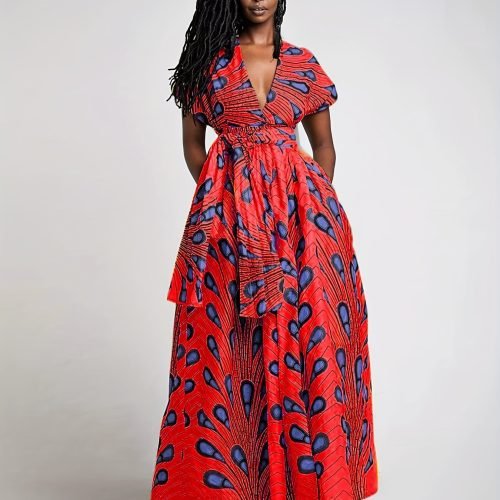 35e505be48a3274d4e8b531e0da14f9b-1 Abstract Print Split Thigh Dress, Boho Plunging High Waist Maxi Dress, Women's Clothing