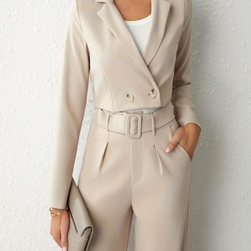 Business Casual Two-piece Set, Double-breasted Lapel Long Sleeve Blazer & Belted Wide Leg Pants Outfits, Women's Clothing