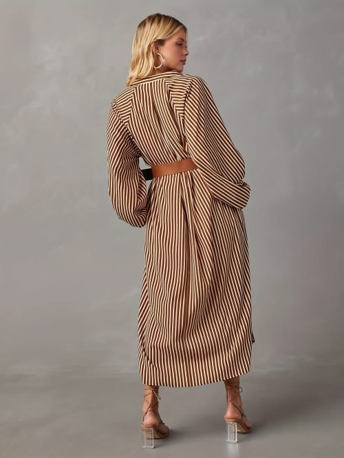 Striped Print Lantern Sleeve Dress, Stylish Notch Neck Dress For Spring & Fall, Women's Clothing