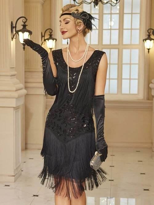Sequin Fringe Decor Tank Dress, Vintage Sleeveless Flapper Tank Dress For Party & Banquet, Women's Clothing