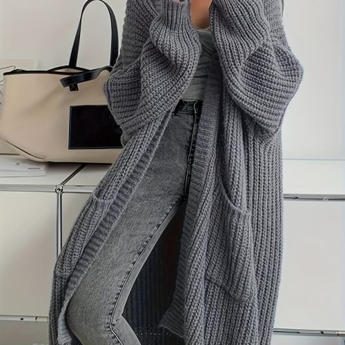4dc8c766-11a8-4447-9ff3-58afc763e485-1 Solid Color Open Front Knitted Cardigan, Casual Long Sleeve Long Length Cardigan For Spring & Fall, Women's Clothing