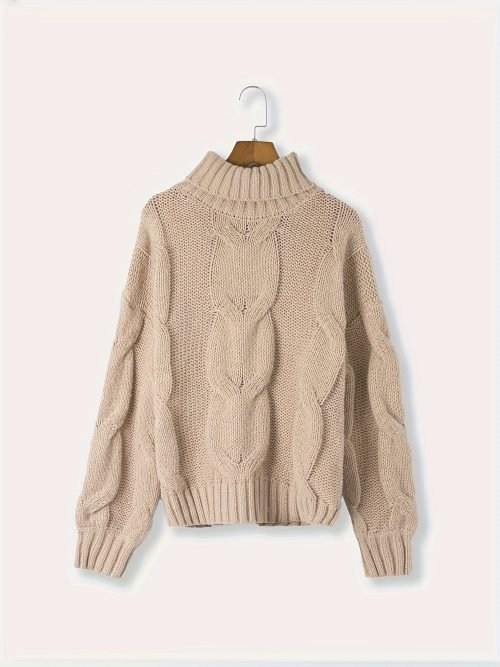 Twist Pattern Turtle Neck Pullover Sweater, Casual Lantern Sleeve Loose Sweater For Fall & Winter, Women's Clothing