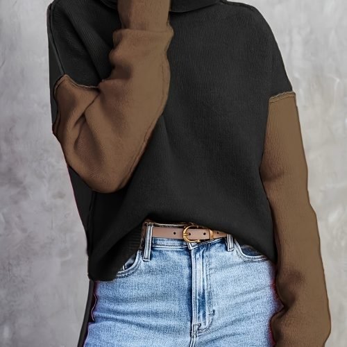 Color Block Turtle Neck Pullover Sweater, Casual Long Sleeve Split Side Sweater For Fall & Winter, Women's Clothing