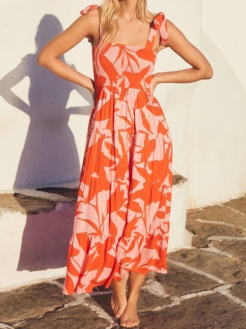 Shirred Tie Shoulder Ruffle Hem Dress, Vacation Sleeveless Cami Dress For Spring & Summer, Women's Clothing