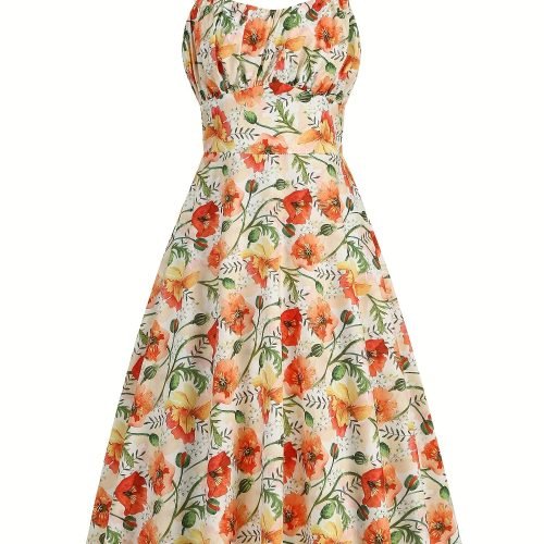 627432b6c9181ac94383f6f1bb62e13f-1 Floral Print Wide Strap Dress, Vacation Style Sleeveless Ruched Bust A-line Dress For Spring & Summer, Women's Clothing