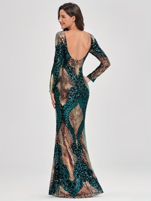 Sparkling Sequin Crew Neck Cocktail Dress, Elegant Long Sleeve Mermaid Dress For Party & Banquet, Women's Clothing Wedding/Evening dress/Occasion/Engagement/Ceremony