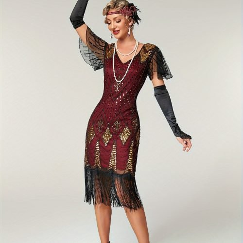 705ca182-0587-430e-a43d-84cec16a60b6-1 Sequin V Neck Dress, Elegant Fringe Hem Dress For Party & Club, Women's Clothing Wedding/Evening dress/Occasion/Engagement/Ceremony