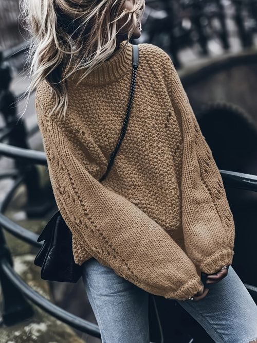 Solid Color Mock Neck Loose Sweater, Elegant Drop Shoulder Simple Knitted Top For Fall & Winter, Women's Clothing