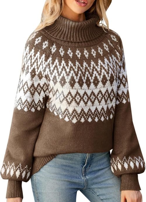 Turtleneck Batwing Sleeves Knitted Sweaters for Women Crochet Retro Baggy Soft Cozy Short Sweater