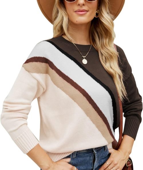 7131mpSuQXL._AC_SL1500 Women Crewneck Knitwear Fashion Colorblock Casual Sweater Loose Fit Pullover Knitwear Warm Soft Fabric Long Sleeve Sweater (Blue)