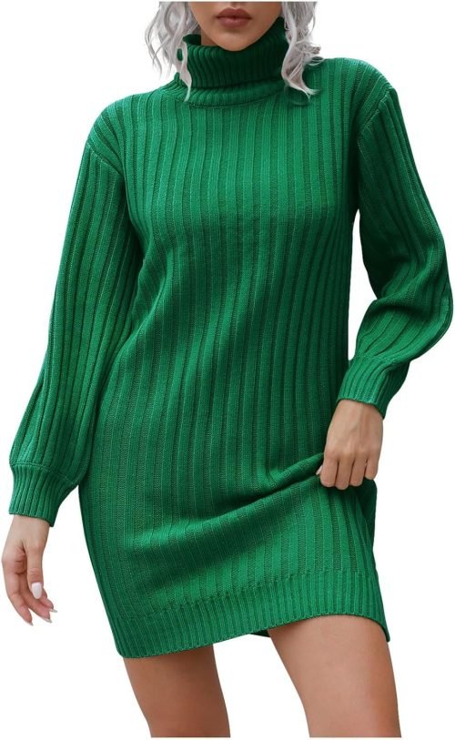 Women Casual High Neck Dress Fall Winter Solid Color Fashion Turtleneck Long Sleeve Sweater Knitwear Elegant Dress