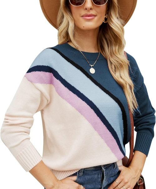 71sV2fL_eFL._AC_SL1500 Women Crewneck Knitwear Fashion Colorblock Casual Sweater Loose Fit Pullover Knitwear Warm Soft Fabric Long Sleeve Sweater (Blue)