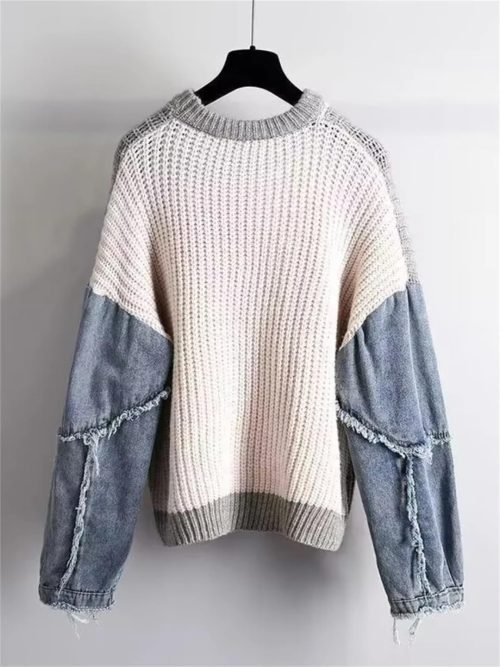 71scfOAizYL._AC_SL1440 Fashion Women's Sweater Autumn Winter Contrast Denim Loose Fitting Pullover Street Fashion Casual O-Neck Knitwear Tops