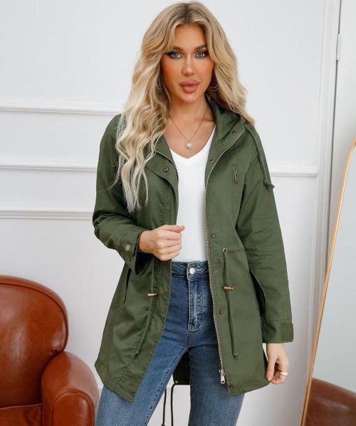 Women's Ligtweight Jackets Anorak Utility Drawstring Waist Hoodie Zip Up Fall Casual Coat with Pockets