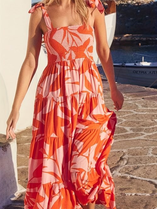 Shirred Tie Shoulder Ruffle Hem Dress, Vacation Sleeveless Cami Dress For Spring & Summer, Women's Clothing