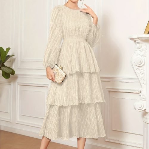 77e45180-c3bb-49ce-9b2f-92e563370bb5-1 Raw Trim Waist Layer Ruffle Dress, Elegant Puff Long Sleeve Crew Neck Dress, Women's Clothing Wedding graduation engagement occasion ceremony party holiday vacation birthday