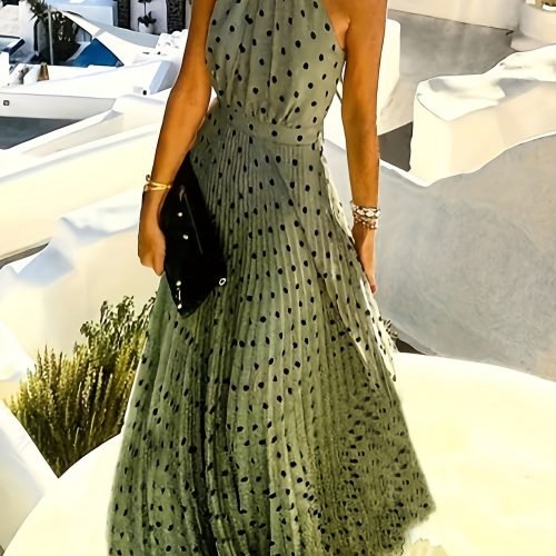 7bf0f1ab-57c7-4719-863b-a78dca2b5b80-1 Polka Dot Print Halter Neck Dress, Vacation Style Sleeveless Pleated Maxi Dress For Spring & Summer, Women's Clothing