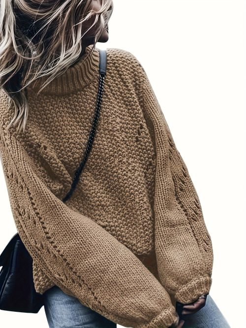 Solid Color Mock Neck Loose Sweater, Elegant Drop Shoulder Simple Knitted Top For Fall & Winter, Women's Clothing