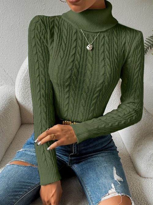 Solid Turtle Neck Cable Knit Sweater, Casual Long Sleeve Slim Sweater, Women's Clothing