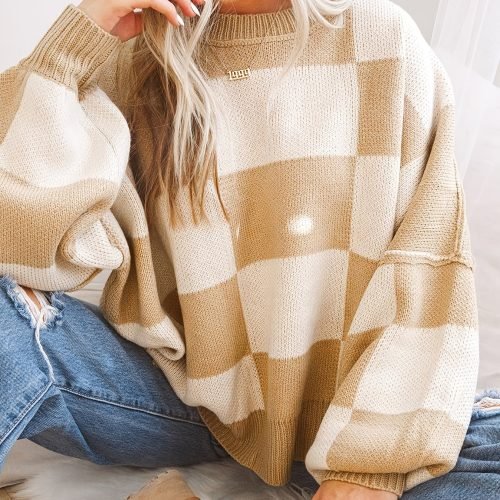 Plaid Pattern Knit Sweater, Casual Long Sleeve Drop Shoulder Pullover Sweater, Women's Clothing