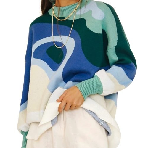 829826ed4e5e4f4d9f2baa2b49134b0e Plus Size Casual Sweater, Women's Plus Abstract Print Long Sleeve Mock Neck Medium Stretch Pullover Jumper