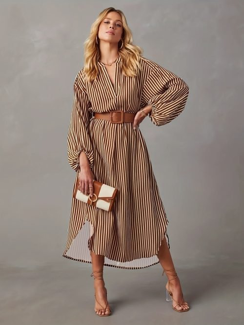 Striped Print Lantern Sleeve Dress, Stylish Notch Neck Dress For Spring & Fall, Women's Clothing