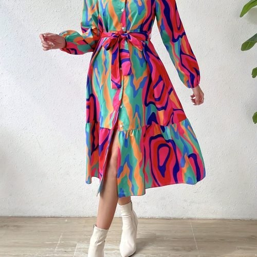 89a93767fb03ec92db49596346b55b12-1 Abstract Print Crew Neck Dress, Elegant Long Sleeve Belted Dress For Spring & Fall, Women's Clothing