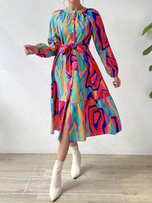Abstract Print Crew Neck Dress, Elegant Long Sleeve Belted Dress For Spring & Fall, Women's Clothing