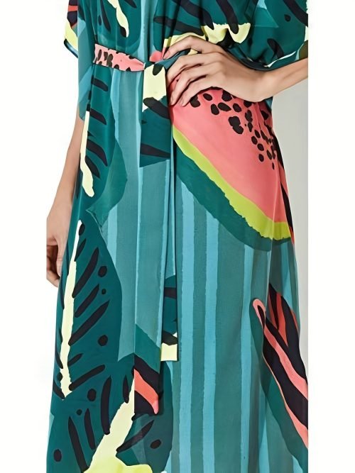 Floral Print V Neck Maxi Dress, Vacation Batwing Sleeve Belted Beach Dress, Women's Clothing