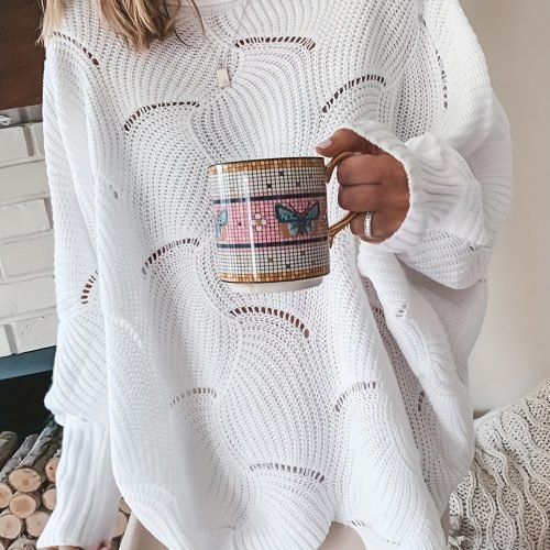 8ef6ed542d3f2cfa9d42e9da466c9704_cb0608cf-67a4-4c64-b497-9f78d172a018 Solid Cutout Irregular Hem Knit Sweater, Casual Crew Neck Long Sleeve Pullover Sweater, Women's Clothing
