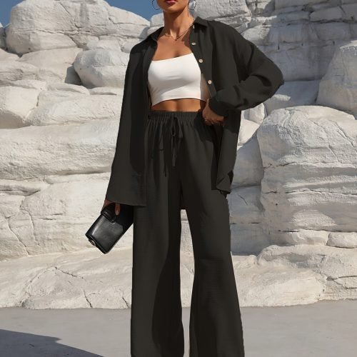 92132c65-4594-4f14-aadd-26c5e3a14c97-1 Solid Color Casual Pantsuits, Single-breasted Long Sleeve Collared Blouse & Tie Elastic Waist Pants Outfits, Women's Clothing