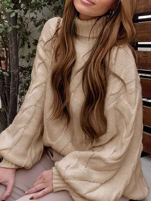 Twist Pattern Turtle Neck Pullover Sweater, Casual Lantern Sleeve Loose Sweater For Fall & Winter, Women's Clothing