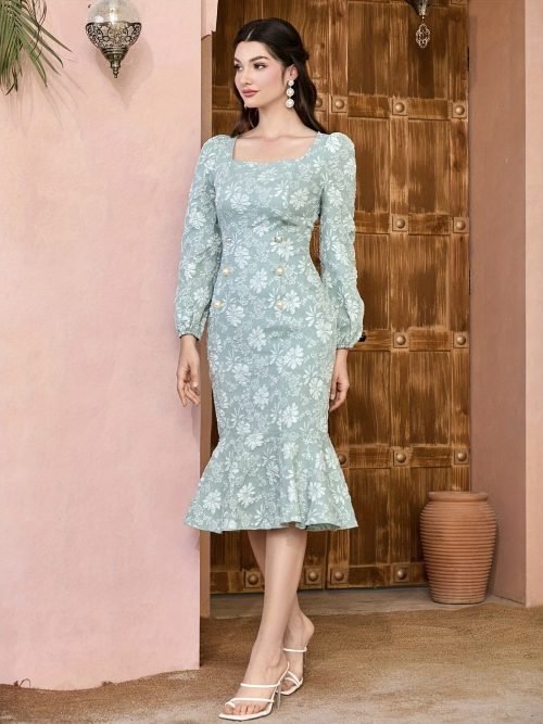 Allover Floral Print Mermaid Dress, Elegant Long Sleeve Bodycon Dress For Spring & Fall, Women's Clothing