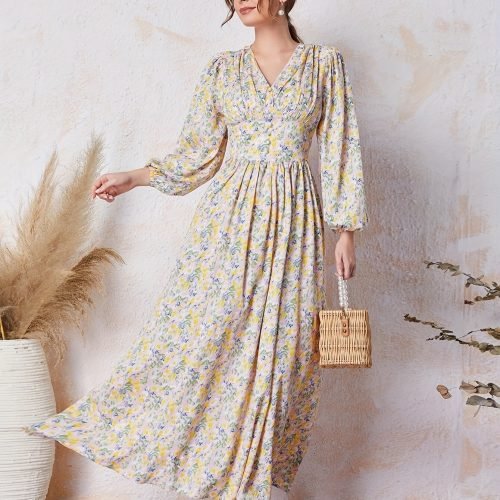 9463e57d-bca7-4691-9483-51b0fc5262aa-1 Floral Print V Neck Dress, Elegant Long Sleeve Dress For Spring & Summer, Women's Clothing