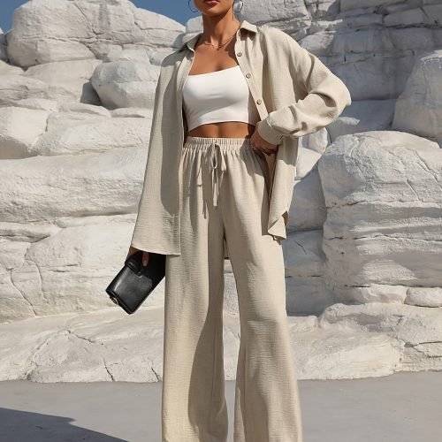 99e601eb-eb07-47b9-8e99-01c86f3ceec3-2 Solid Color Pantsuits Set, Button Front Long Sleeve Shirt & Wide Leg Drawstring Waist Pants Outfits, Women's Clothing