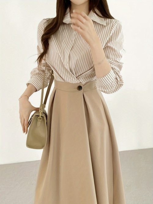 Striped Collared Dress, Casual Short Sleeve Dress For Spring & Summer, Women's Clothing