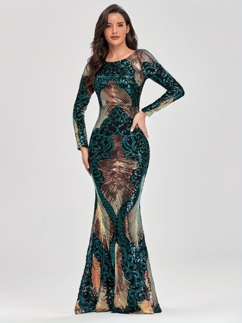 Sparkling Sequin Crew Neck Cocktail Dress, Elegant Long Sleeve Mermaid Dress For Party & Banquet, Women's Clothing Wedding/Evening dress/Occasion/Engagement/Ceremony